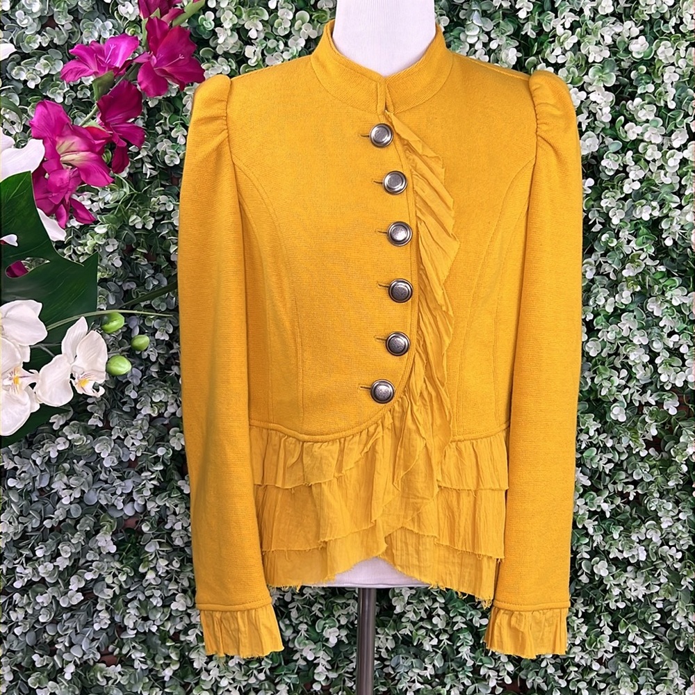 INC International Concepts Gold Mustard Yellow Military Peplum Ruffle Jacket